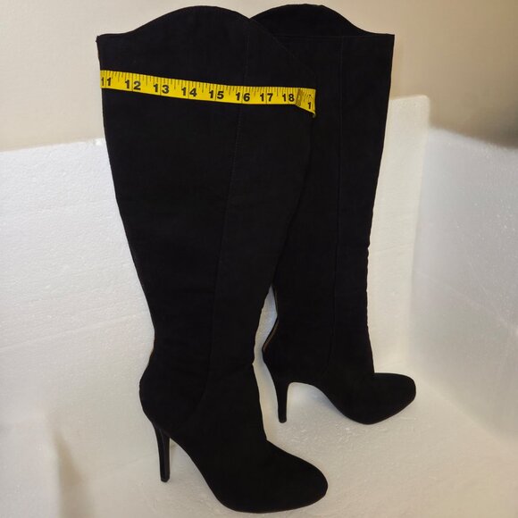Forever 21 Women’s Black Faux Suede Knee High Stiletto Heel Gold Zip Boots - 9 - Picture 9 of 12